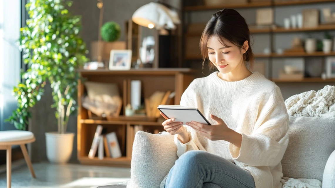 日本人女性がロウヤ初回クーポンの最適な使い時を考えている場面