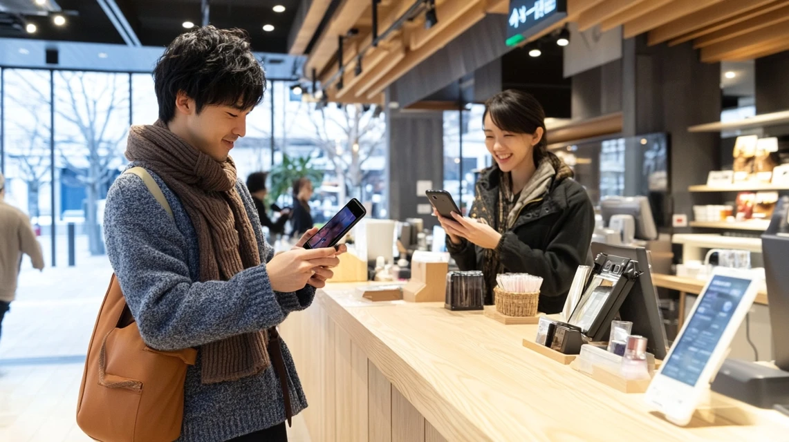 丸源ラーメンのクーポンをスマホで提示する日本人客