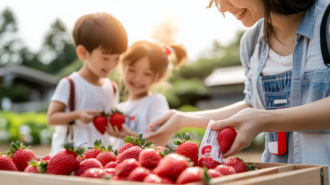 花の海いちご狩りをクーポンで満喫する笑顔の日本人家族