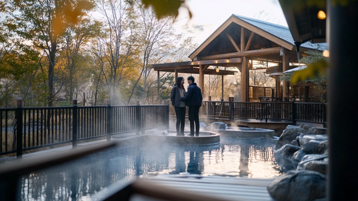 草津の三湯めぐりを計画する日本人カップルの観光準備シーン