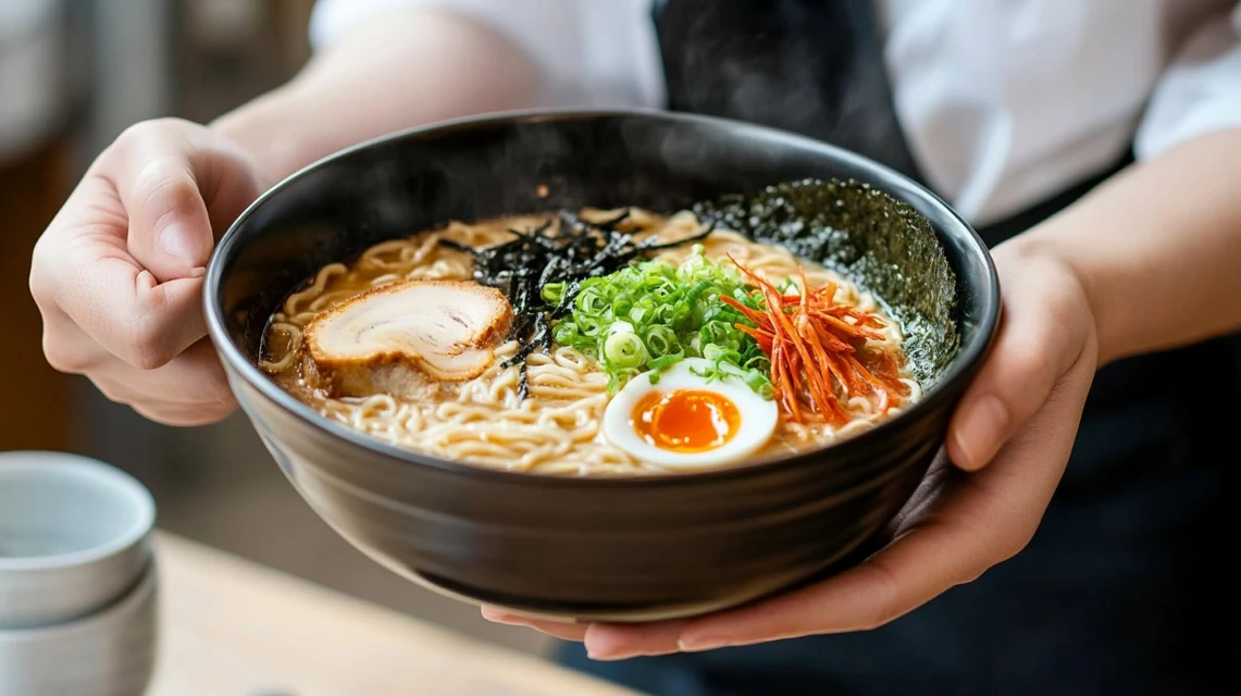 大盛り無料クーポンで日高屋のラーメンを受け取る日本人客