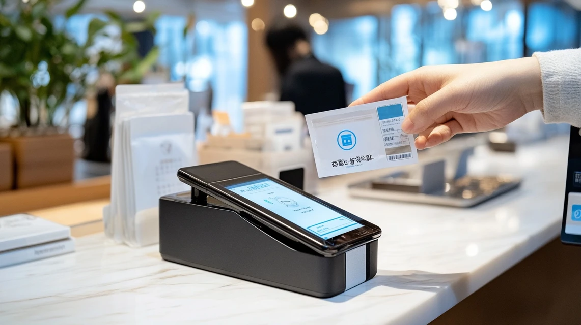 PayPayとLINEクーポン併用で会計する日本人客の様子
