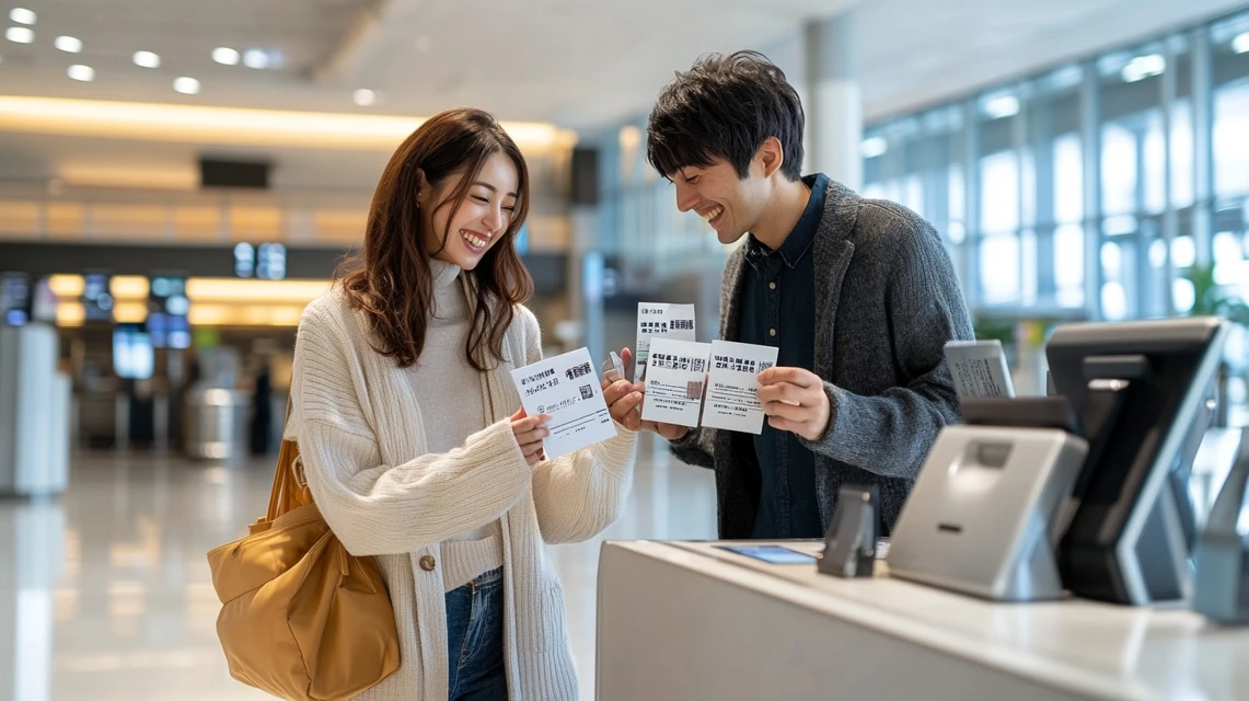 フリーセレクションの旅行券を使って空港で出発準備をする日本人カップル
