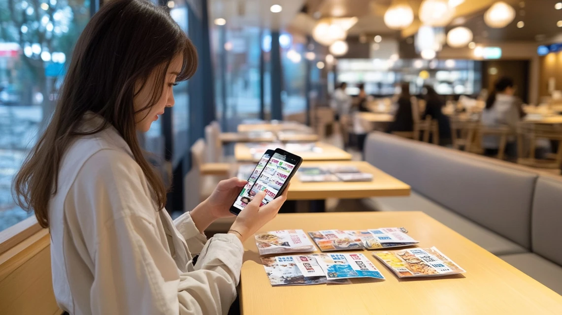 女性がスマホで複数のクーポンを確認する様子