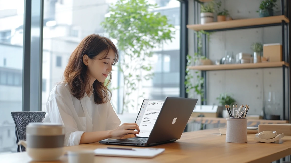 ノートPCでフォルクス優待を検索する日本人会社員