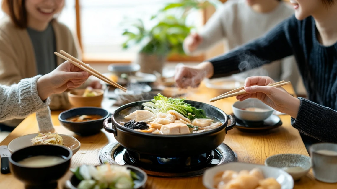 家族が温かい鍋料理を囲んで団らんする様子