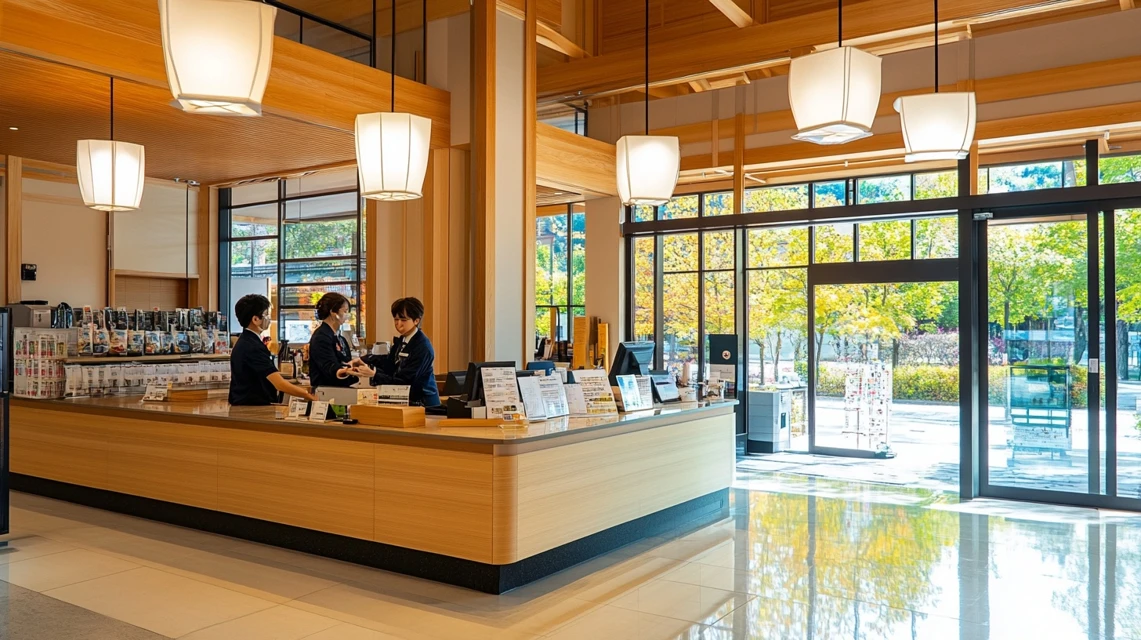 大滝の湯の受付で質問する日本人観光客と案内スタッフの様子