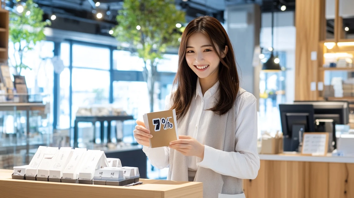 LINEクーポン適用で7％割引を受け喜ぶ日本人女性
