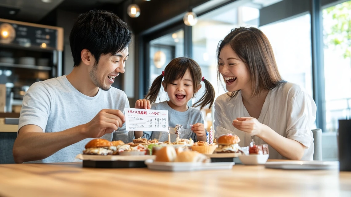 日本人家族が誕生日サービスとクーポンを併用して食事を満喫
