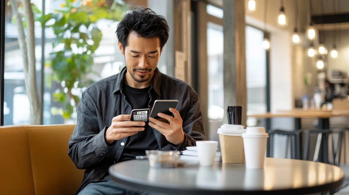 カフェでスマホからチャージスポットの初回クーポンを探す
