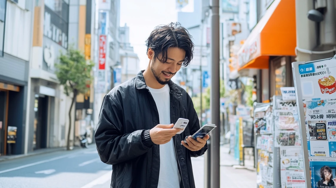 アプリ登録でLINEクーポンを受け取る日本人男性の様子
