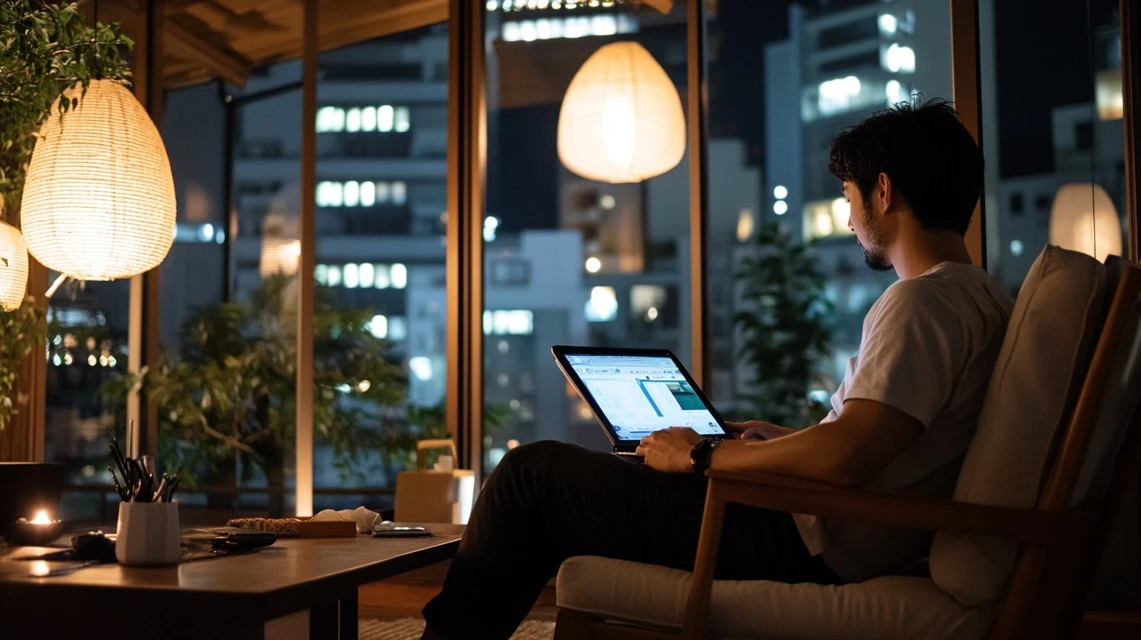 夜の楽スパガーデン名古屋でリラックスする日本人男性