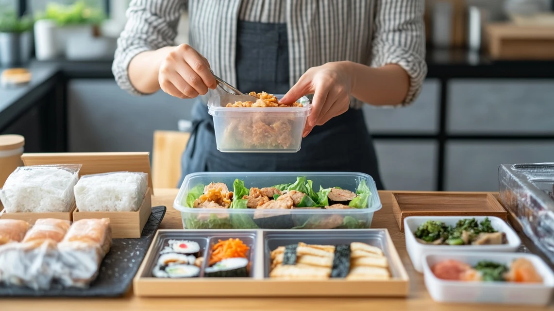 日本人女性が食べ残しを丁寧にテイクアウト容器へ詰める様子
