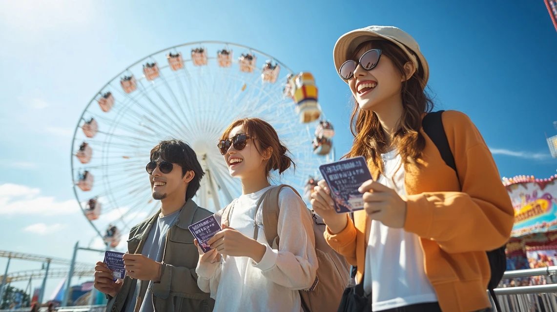 城島高原パークの乗り物パスを確認する日本人来園者