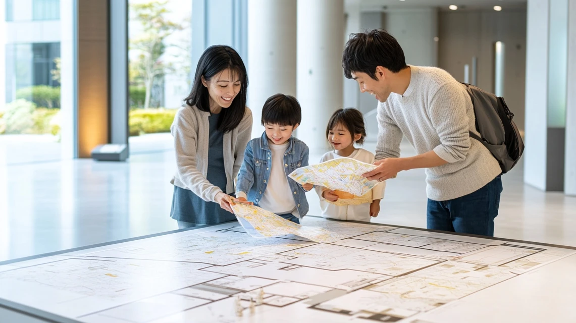 楽スパガーデン名古屋のフロアマップを確認する日本人家族