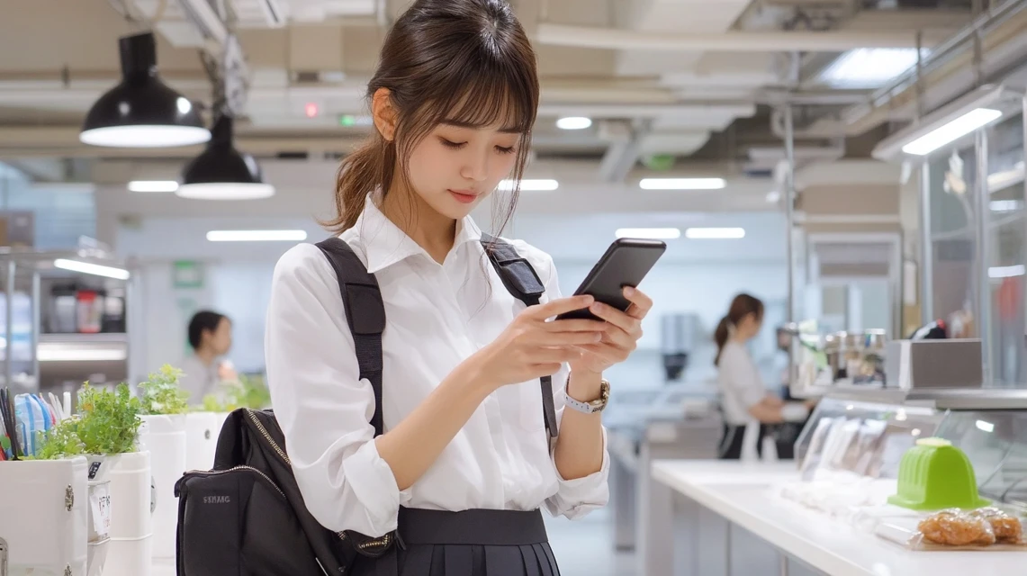 日本人ビジネスマンがスマホでランチ提供時間を確認している様子
