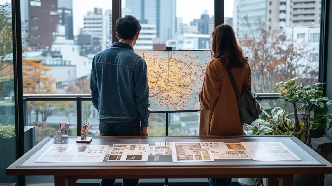 全国の亀の井ホテルを地図で確認する日本人カップル