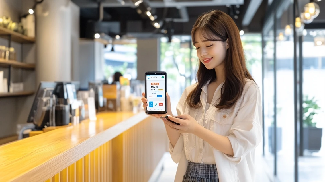 LINEでアルゴの湯クーポンを確認する女性
