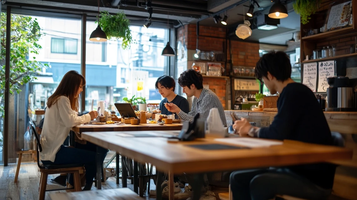 日本人の友人グループがランチ時間を気にしながら食事を楽しむ姿
