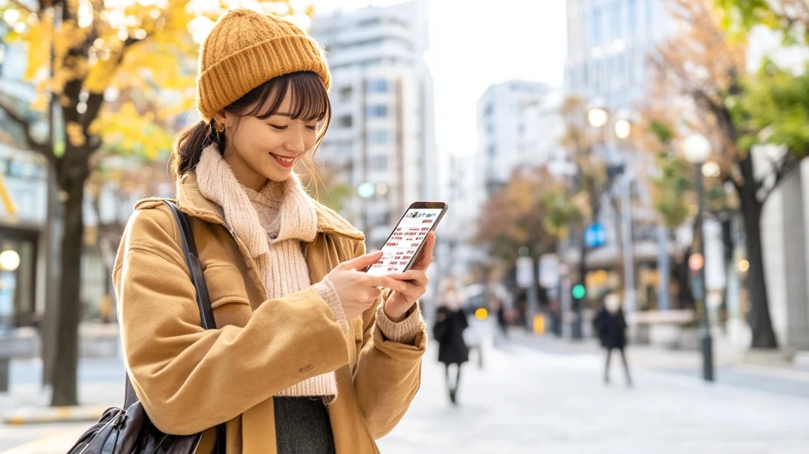 ぐらんぱる公園クーポンの有効期限を確認する日本人女性