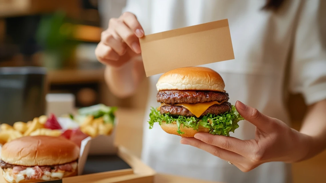 モスバーガーの半額クーポンをチェックする日本人女性