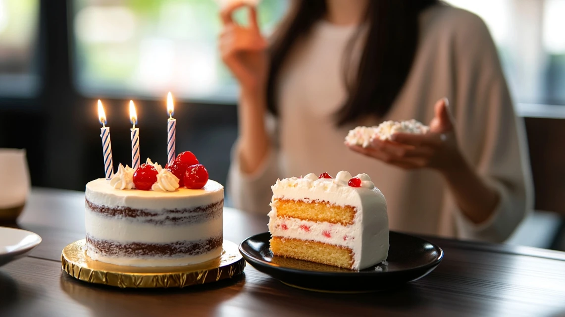 安楽亭で誕生日クーポンを使いケーキを楽しむ日本人女性