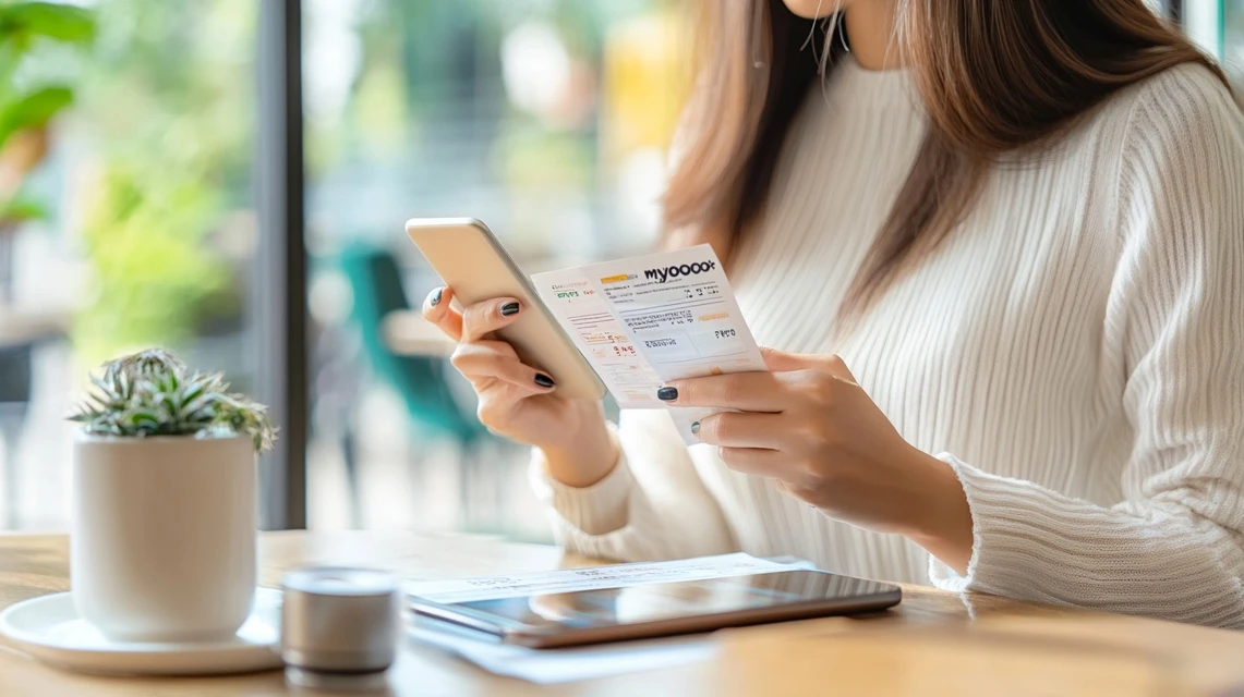 スマホでドコモのクーポンを確認する日本人女性の様子