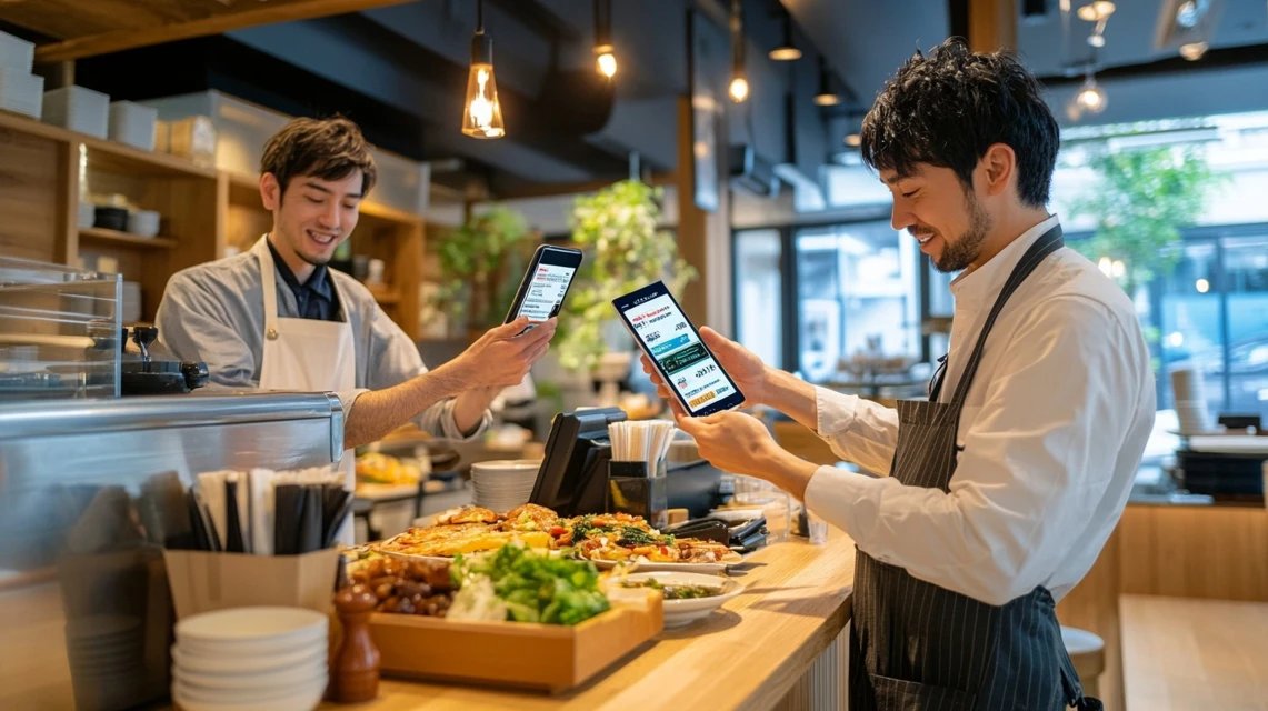ケンタッキーのクーポン画面を店員に見せる日本人男性
