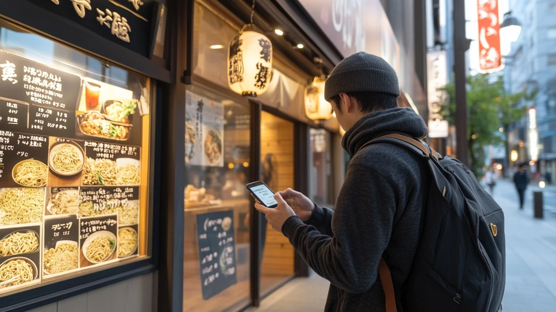 スマホで日高屋ラーメンの価格を確認する日本人男性