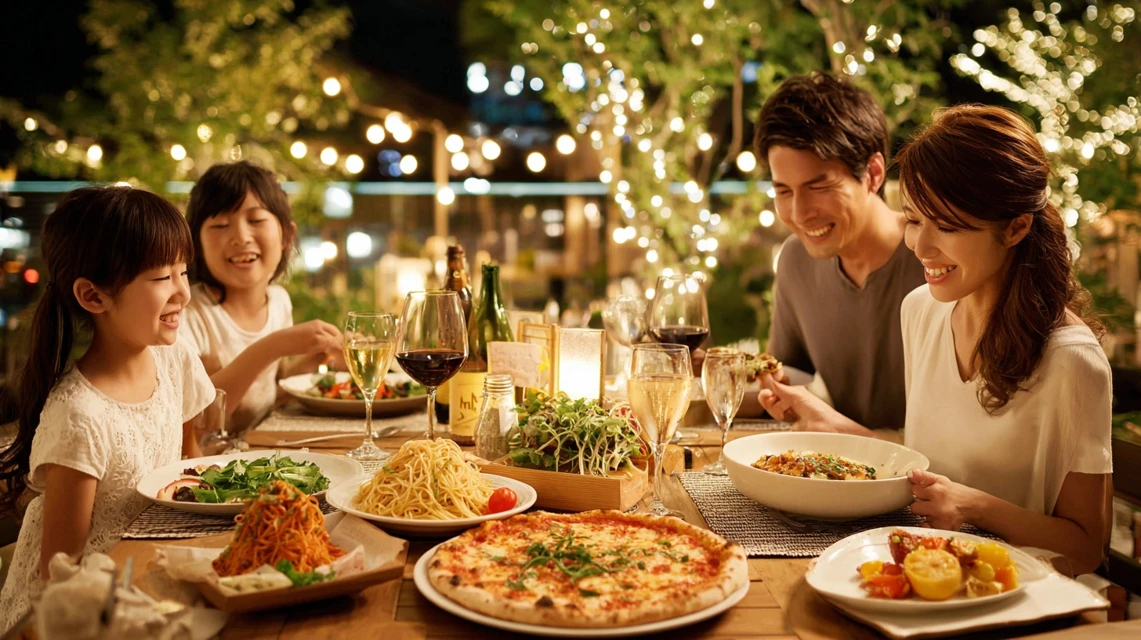 ピソラクーポンでお得に食事を楽しむ日本人家族
