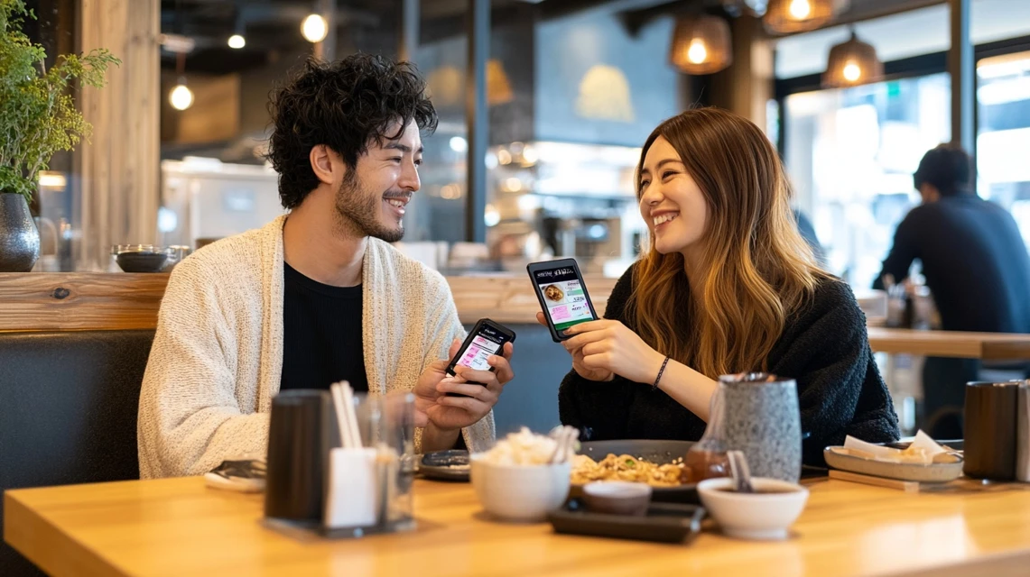 日高屋でスマホクーポンを見せるだけで支払う日本人夫婦