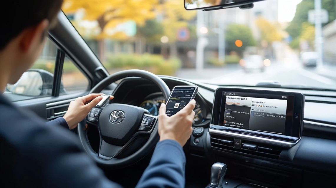 車内でスマホの優待画面を確認する日本人ドライバー