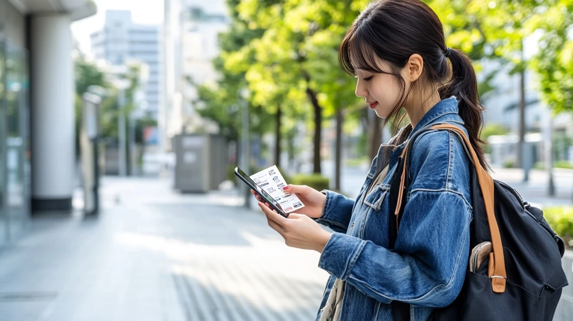 スマホでGearUPBoosterクーポンを確認する女性