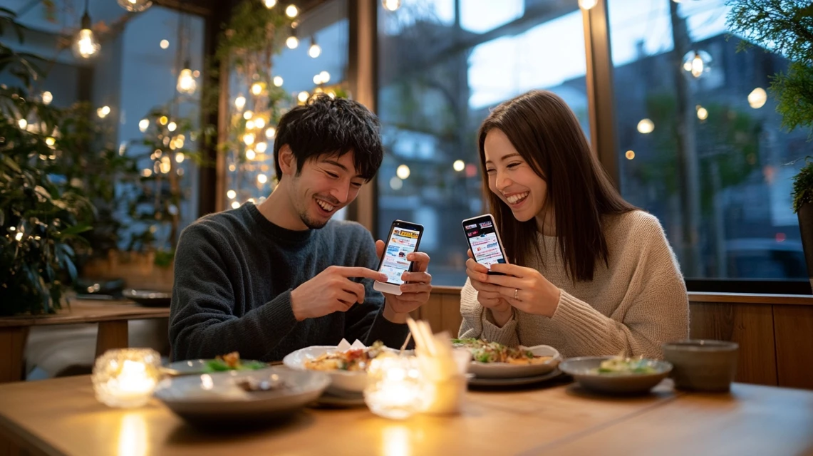 ジョリーパスタでドコモクーポンを使い満足する日本人カップル