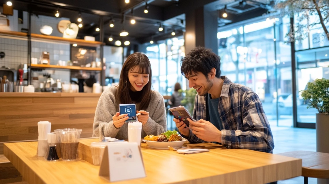 ケンタッキーの支払いでauクーポンを使う日本人カップル
