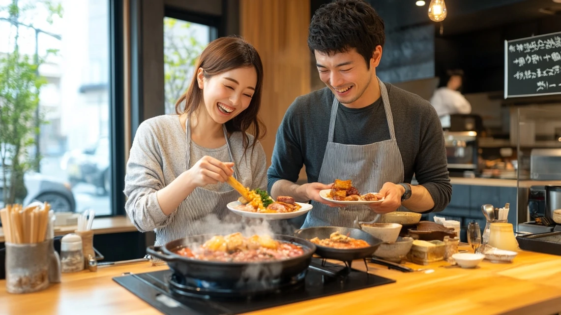 安楽亭の焼肉をクーポンで楽しみ満足そうな日本人カップル