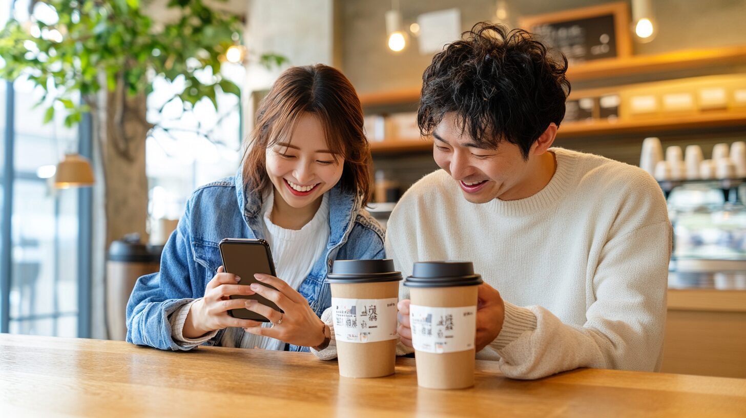 コメダ珈琲のクーポンをドコモで活用する日本人カップルの様子