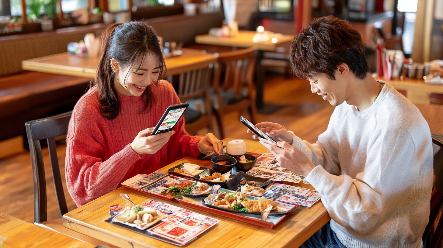 日本人カップルがLINEクーポンで餃子の王将をお得に楽しむ様子