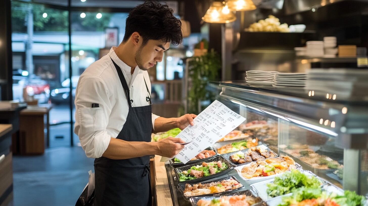 ビュッフェ料金を確認する日本人男性と高級レストラン内観