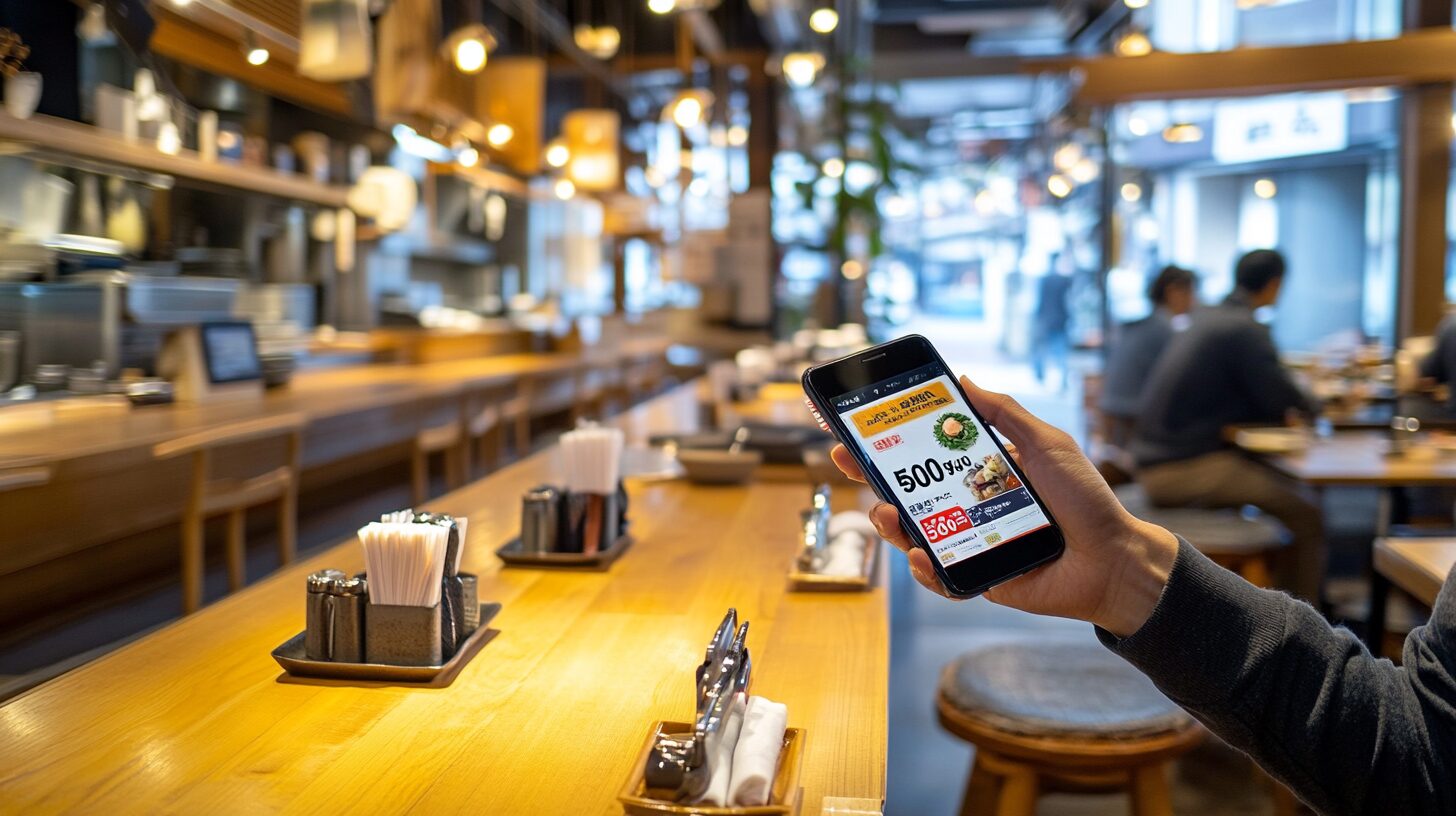 松のやキャンペーン500円をスマホで確認する日本人客