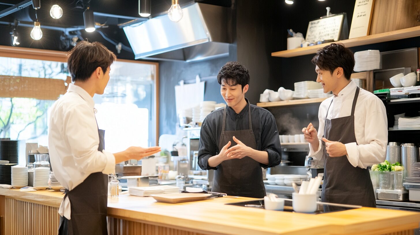 スタッフにランチについて質問する日本人