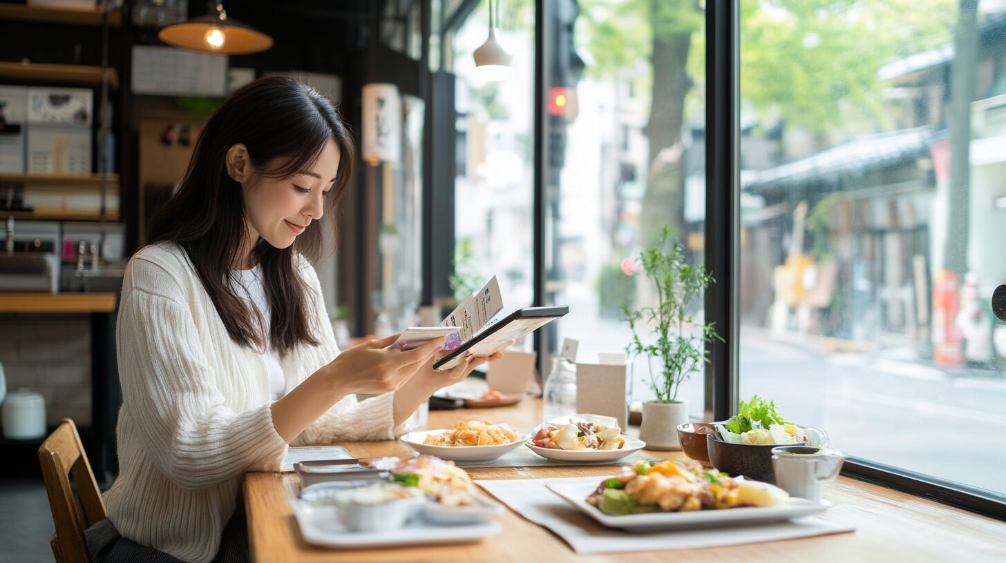 お得なランチクーポンを比較する日本人女性のスマホ画面