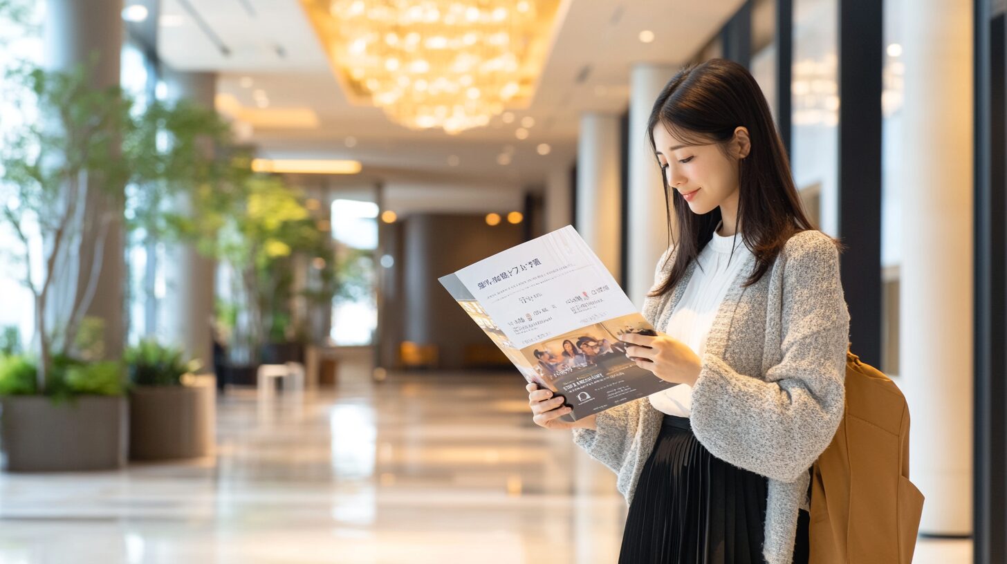 雅叙園のイベント案内を読む日本人女性の横顔