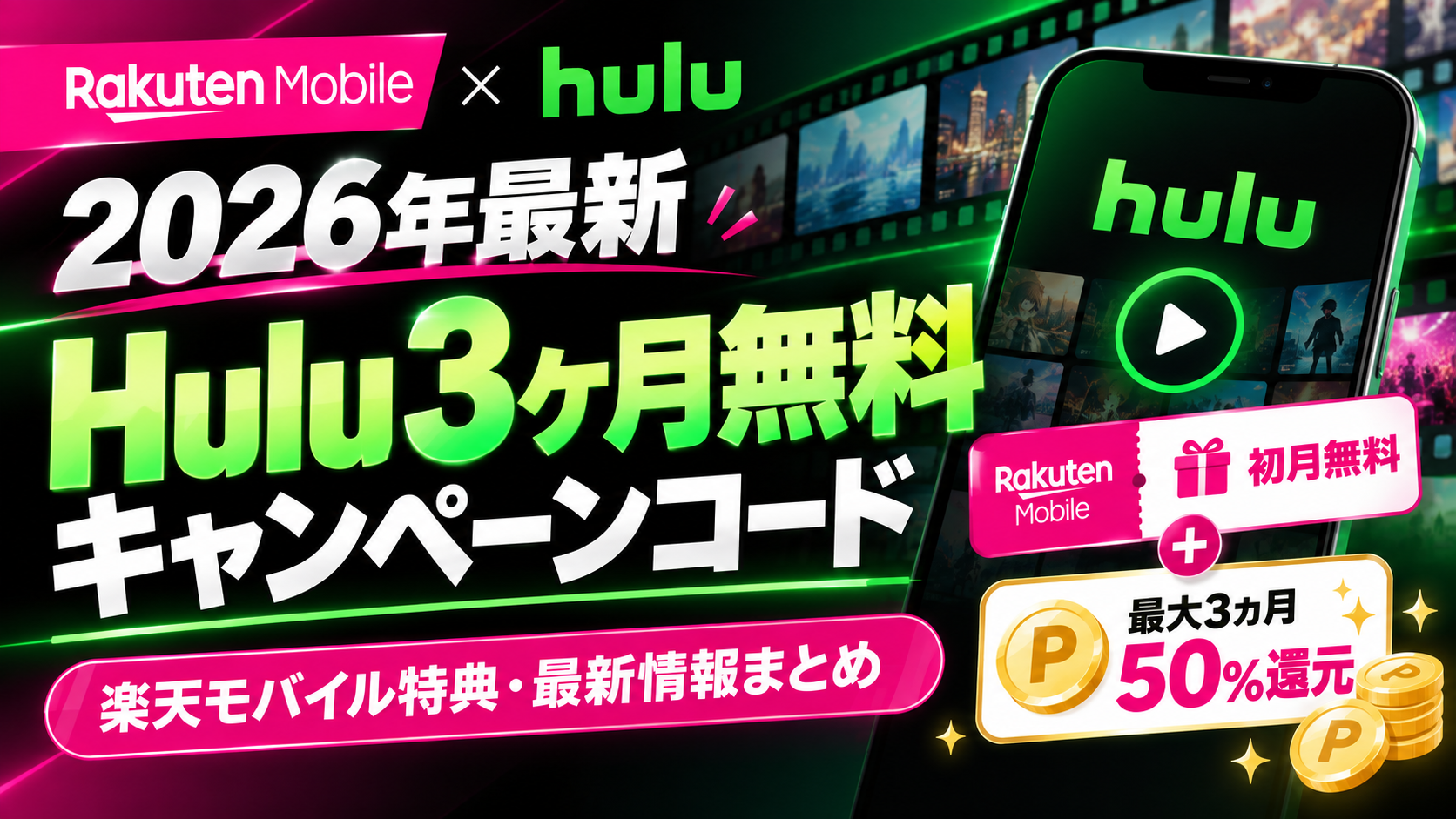 Hulu 3ヶ月無料キャンペーンコードの2026年最新情報を紹介するアイキャッチ画像｜楽天モバイルの初月無料・最大3カ月50％ポイント還元