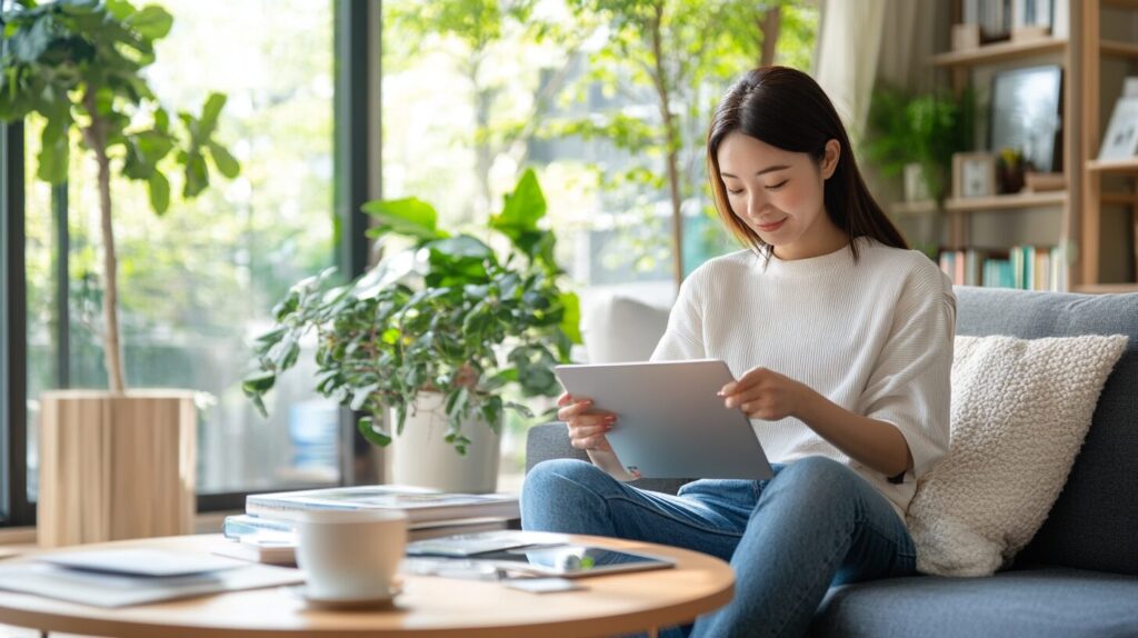 1ヶ月無料キャンペーンコードを調べている女性