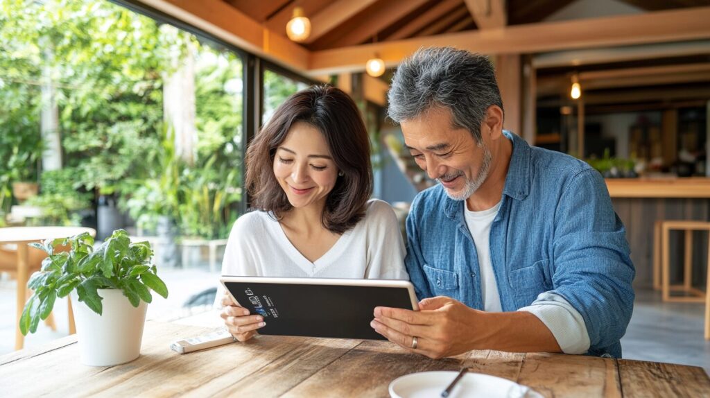 エグゼクティブ会員の特典を調べる夫婦