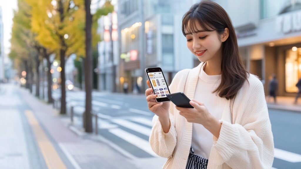 ポイントとリワードの確認方法をスマホでチェックする女性