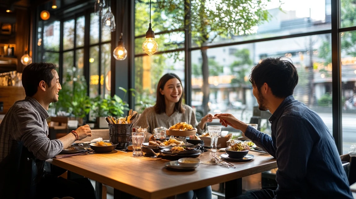 友人がレストランでクーポン特典を話す様子