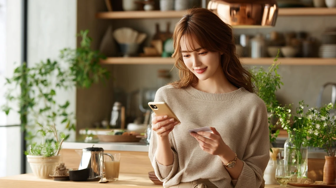 メールでかつ銀の会員クーポンを確認する女性