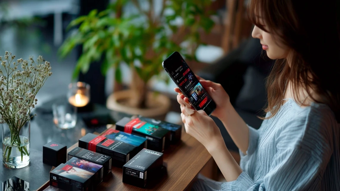 スマホで通信会社の動画特典を確認する女性